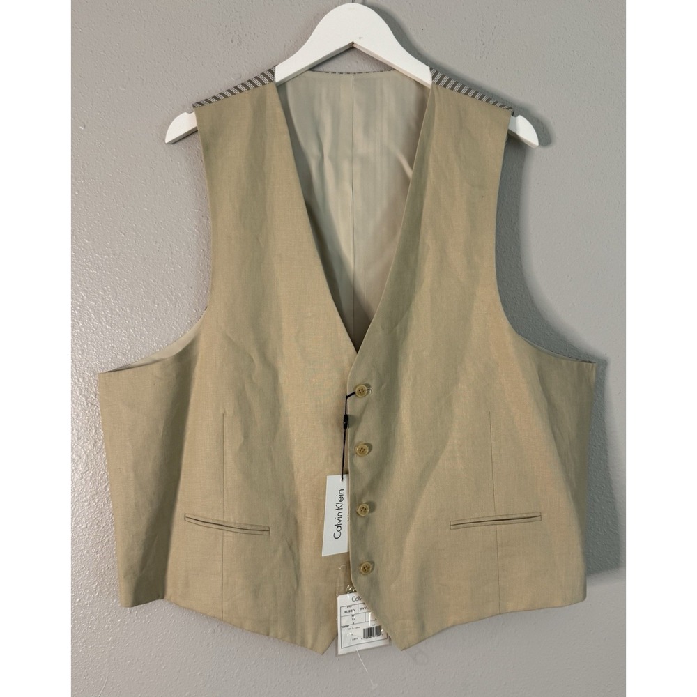 Calvin Klein 100% Linen Suit Vest Beige Striped Back Tailored NWT XL